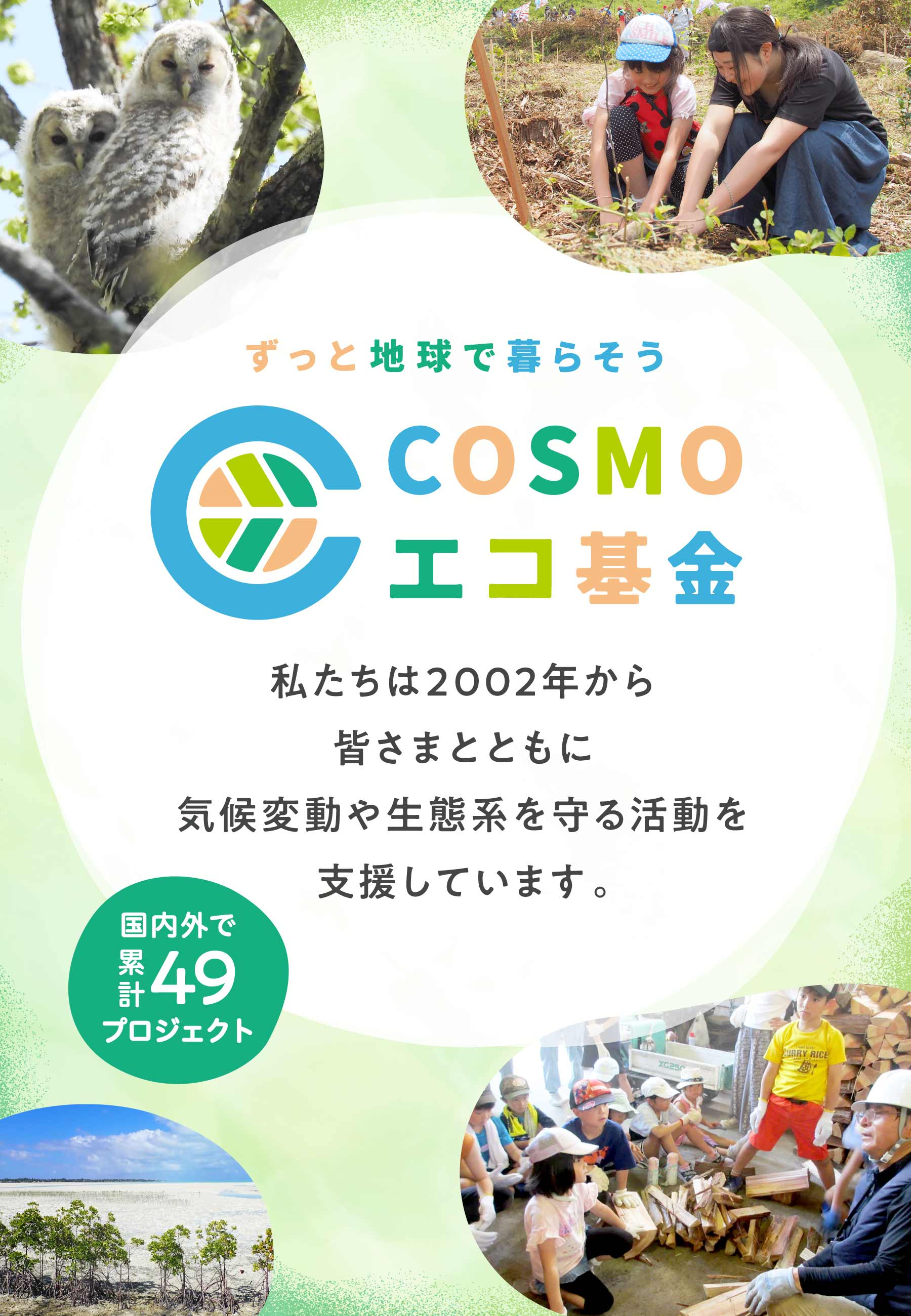ずっと地球で暮らそう COSMOエコ基金 私たちは2002年から皆さまとともに気候変動や生態系を守る活動を支援しています。国内外で累計49プロジェクト